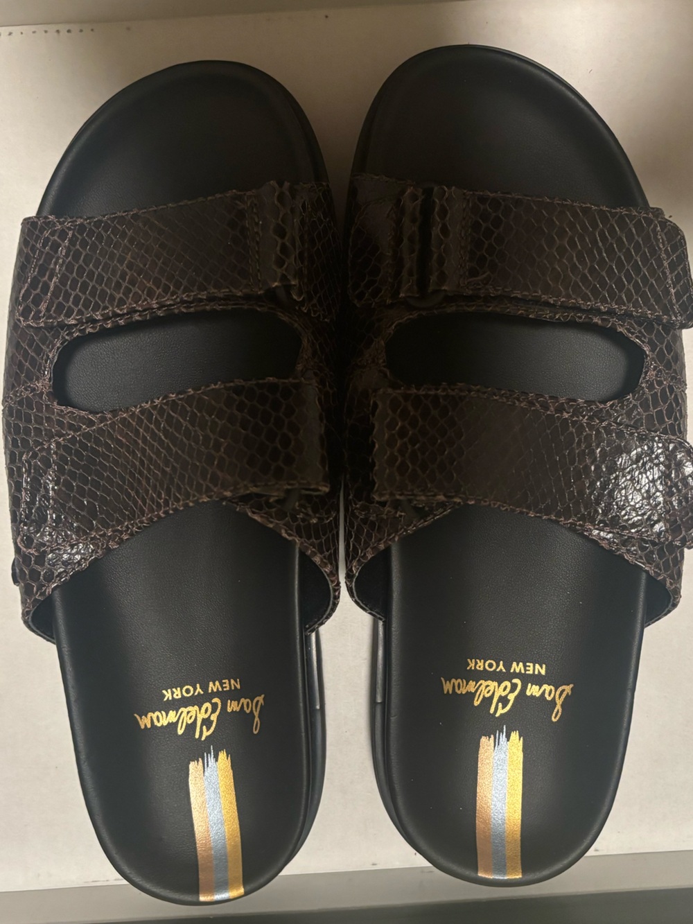 Sam Edelman Dark Brown Snake-Embossed Double Strap Slides